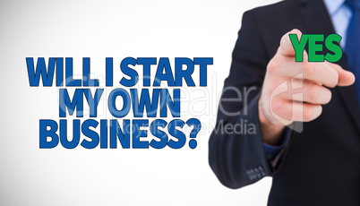 Composite image of businessman pointing his finger at camera