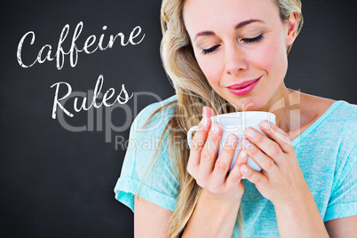 Composite image of smiling blonde with hot beverage relaxing