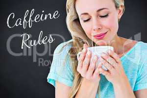 Composite image of smiling blonde with hot beverage relaxing