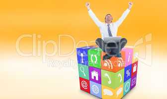 Composite image of excited cheering businessman sitting using hi