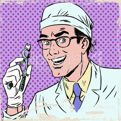 Funny dentist pulled out a tooth pop art retro comic