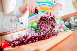 Woman's hands cutting red cabbage