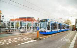 Tram near the Nationale opera and ballet building in Amsterdam