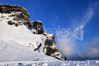 Snowy mountain landscape in Reynisfjara, South Iceland