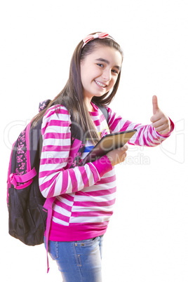 Beautiful teenager girl with backpack and digital tablet