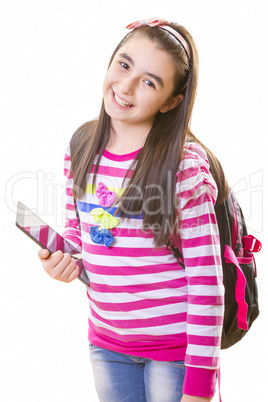 Beautiful teenager girl with backpack and digital tablet