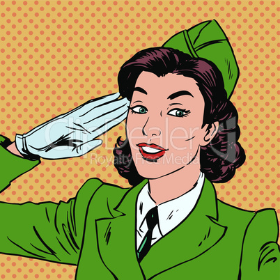 Woman pilot stewardess shape salutes art comics retro style Halftone