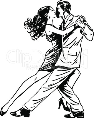 Kiss man and woman dancing couple tango retro line art