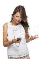 Vivacious woman reacting to a text message