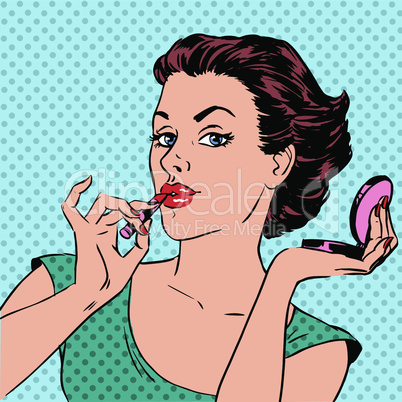 Girl paints lips with lipstick cosmetics beauty perfumes pop art retro