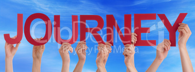 Hands Holding Red Straight Word Journey Blue Sky
