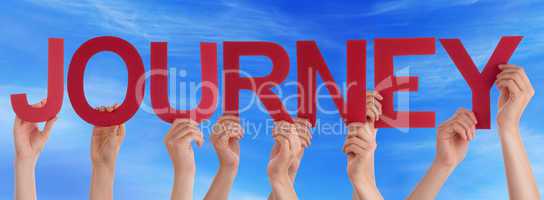 Hands Holding Red Straight Word Journey Blue Sky