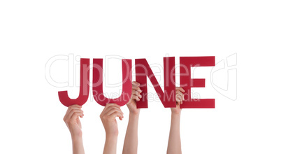 Many People Hands Holding Red Straight Word June