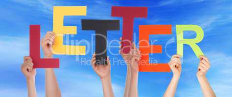People Hands Holding Colorful Word Letter Blue Sky