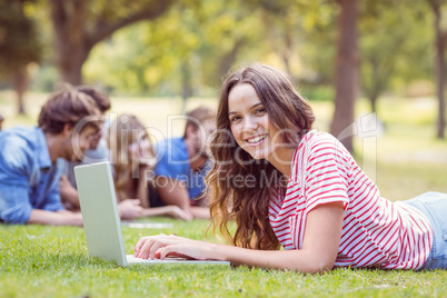 Pretty brunette using laptop in the park