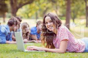 Pretty brunette using laptop in the park