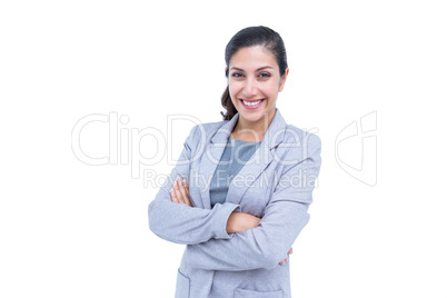 Businesswoman smiling on a white background