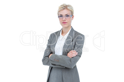 Businesswoman smiling on a white background