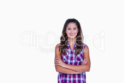 Happy pretty brunette looking at camera