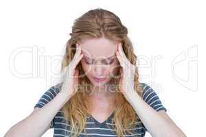 A blonde woman having headache