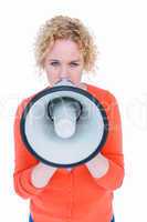 Pretty blonde speaking into megaphone