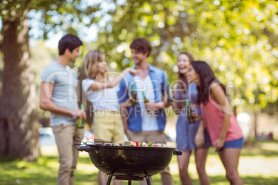 Happy friends in the park having barbecue