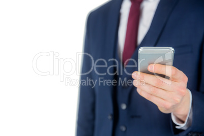 Close up view of businessman holding smartphone