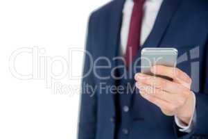 Close up view of businessman holding smartphone