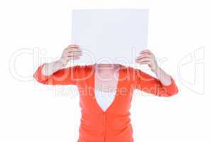 Woman hiding his head with blank paper