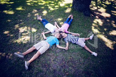 Happy familly lying down in the park