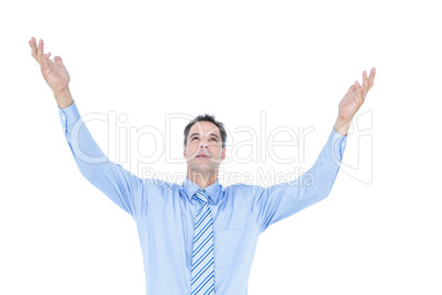 happy cheering businessman raising his arms