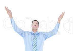 happy cheering businessman raising his arms