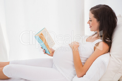 Smiling pregnancy reading in his bed