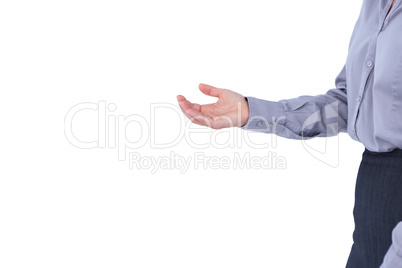 Businesswoman presenting with hand