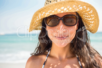 Pretty brunette looking at camera at the beach