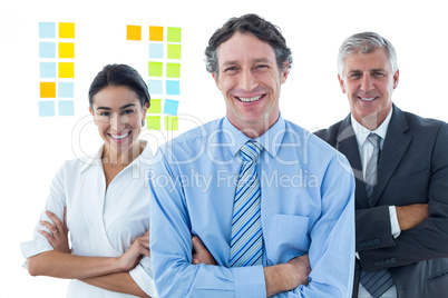 Smiling business people brainstorming together