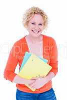 Happy pretty blonde holding notebook