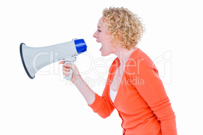 Pretty blonde speaking into megaphone