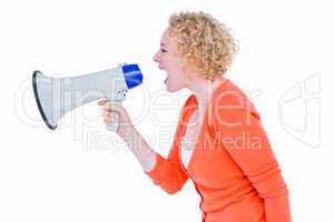 Pretty blonde speaking into megaphone