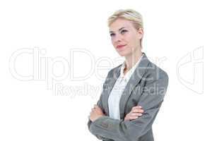 Businesswoman smiling on a white background