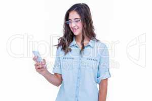 Pretty geeky hipster using her smartphone