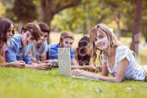 Pretty blonde using laptop in the park