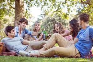 Happy friends in the park having picnic