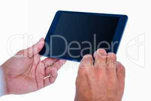 Hand of man touching tablet computer