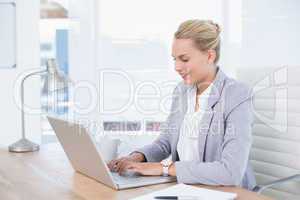 Smiling businesswoman using her computer