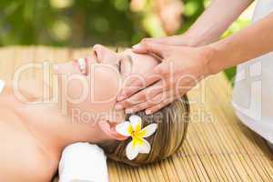 Attractive young woman receiving facial massage at spa center