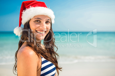 Pretty brunette in santa hat looking at camera