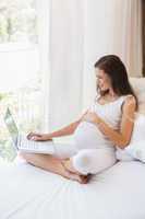 Smiling pregnancy using laptop in his bed