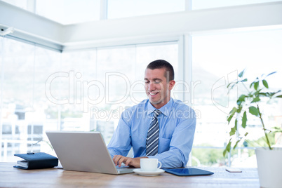 Smiling businessman working with his laptop