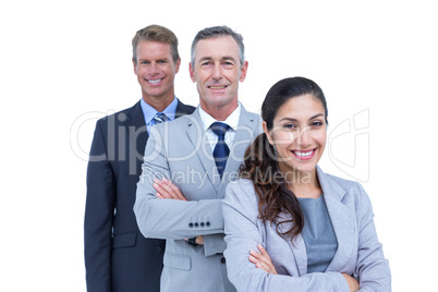 Happy business team standing in a line